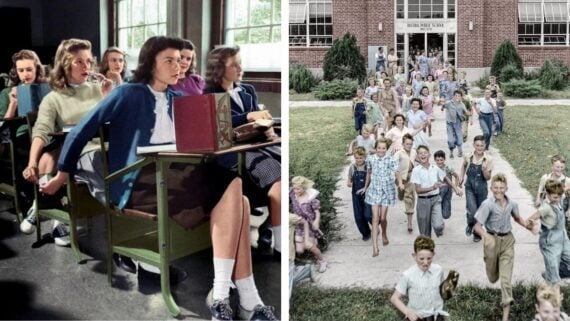 On the left, girls in vintage attire sit at desks in a classroom, looking alert. On the right, a large group of children excitedly run out of a school building across a grassy lawn.