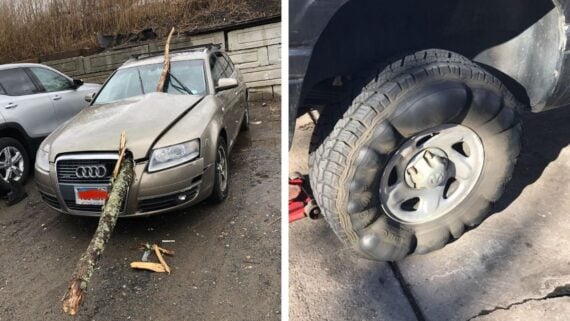 Left: A large tree branch has pierced through the windshield of a silver Audi parked outdoors. Right: A car tire is completely misshapen and collapsed, with the rubber bulging out unnaturally from the rim.