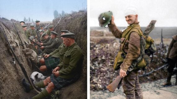 Split image: on the left, WWI soldiers in a trench, some wearing kilts and sitting with rifles and a dog; on the right, a smiling, bandaged soldier holds his helmet and rifle, standing outdoors.