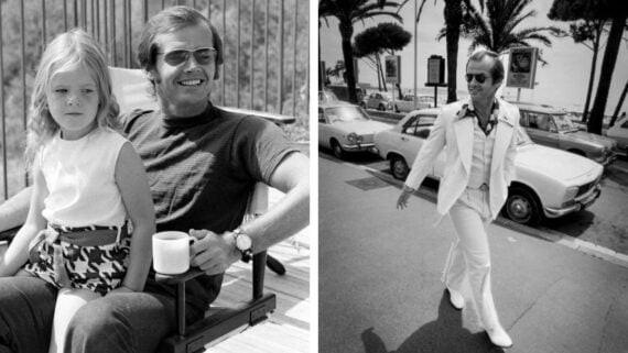Left: A man wearing sunglasses and holding a mug sits on a chair with a young girl on his lap. Right: The same man, now in a white suit and sunglasses, walks on a sunny street lined with cars and palm trees.