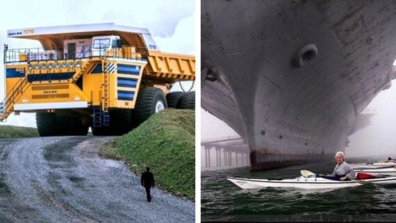 Side-by-side photos: Left, a tiny person walks beside a massive yellow mining dump truck. Right, a kayaker paddles under an enormous ship, highlighting the vast size difference.