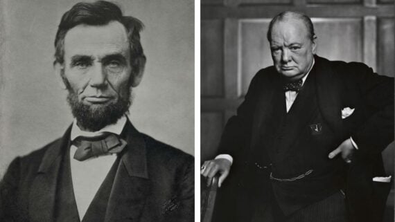 A split image shows two historical figures: on the left, a man with a beard and bow tie in a suit; on the right, an older man in a suit with a bow tie, hand on hip, standing in front of a wooden panel wall.