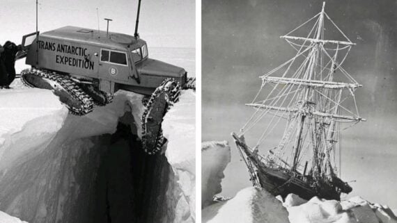 Side-by-side photos: left, a tracked vehicle labeled "Trans Antarctic Expedition" crossing a deep ice crevasse; right, an old sailing ship trapped in Antarctic sea ice.
