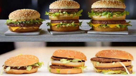 Three cheeseburgers with lettuce and cheese are shown in two rows: the top row displays tall, neatly stacked burgers, while the bottom row shows shorter, messier versions of the same burgers.
