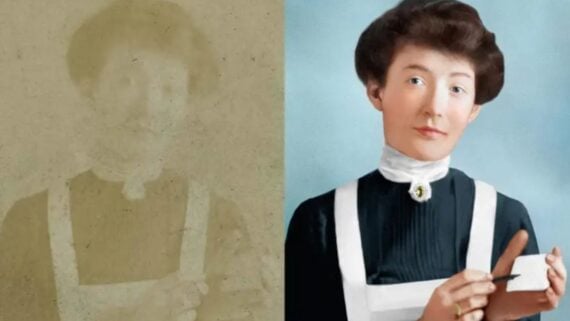 Split image showing a faded, sepia-toned photograph of a woman in a maid uniform on the left, and a colorized, restored version of the same woman on the right, holding an object and looking at the camera.