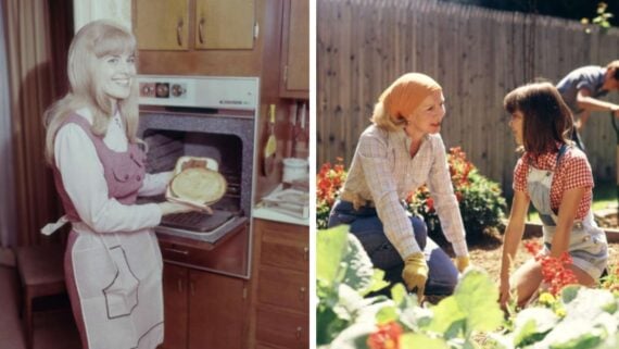 Split image: On the left, a woman in 1960s-style clothing smiles while holding a pie by an open oven. On the right, two women garden together, surrounded by green plants and flowers, with a wooden fence in the background.