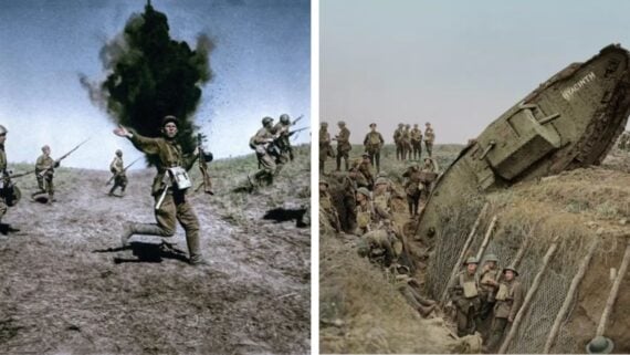Side-by-side photos of soldiers in battle: left shows troops running as an explosion erupts behind them; right shows soldiers in a trench beside a large tank tilted on its side.