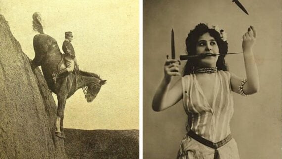 Split image: On the left, a person in uniform rides a horse climbing a steep rock. On the right, a woman in vintage attire balances a knife in her mouth while juggling two others. Both images are sepia-toned and old-fashioned.