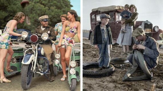 Split-image: Left, two women in swimsuits talk to a uniformed man on a motorcycle; right, a family stands by an old car while a man kneels by a flat tire, with muddy ground and worn clothing suggesting hardship.