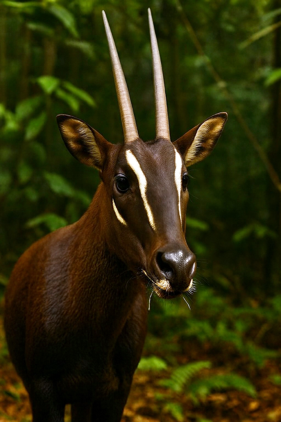 A rare saola stands in a lush green forest, facing the camera. It has smooth brown fur, long straight horns, and distinct white facial markings running from its nose to between its eyes.