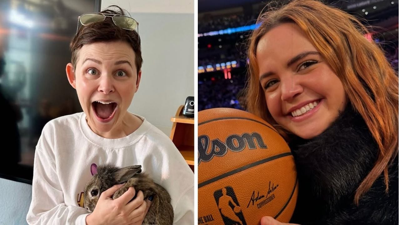 On the left, a person with short hair smiles widely while holding a rabbit. On the right, another person with long hair smiles and holds a basketball at an indoor sports arena.
