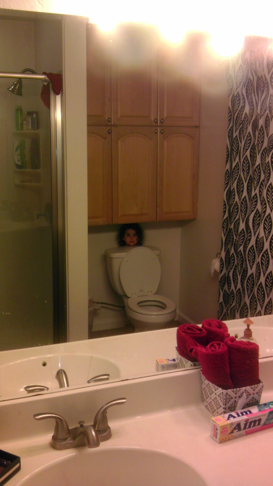 A bathroom with a sink and mirror in the foreground. Reflected in the mirror, a child’s head appears to be coming out of a toilet, creating an optical illusion, while cabinets hang above the toilet.
