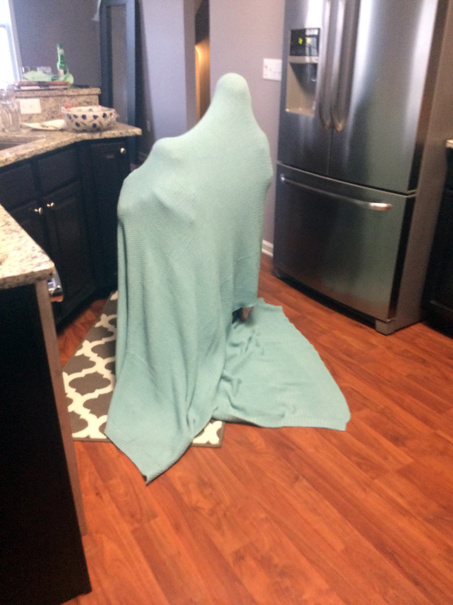 A person sits on a kitchen chair covered completely by a light blue blanket, creating a ghost-like shape. The scene is set in a modern kitchen with dark cabinets and a stainless steel refrigerator.