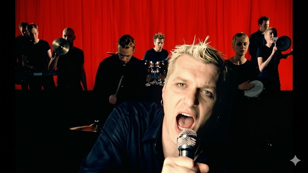 A blonde man sings into a microphone in the foreground, while a band with various instruments performs behind him against a vivid red curtain backdrop.