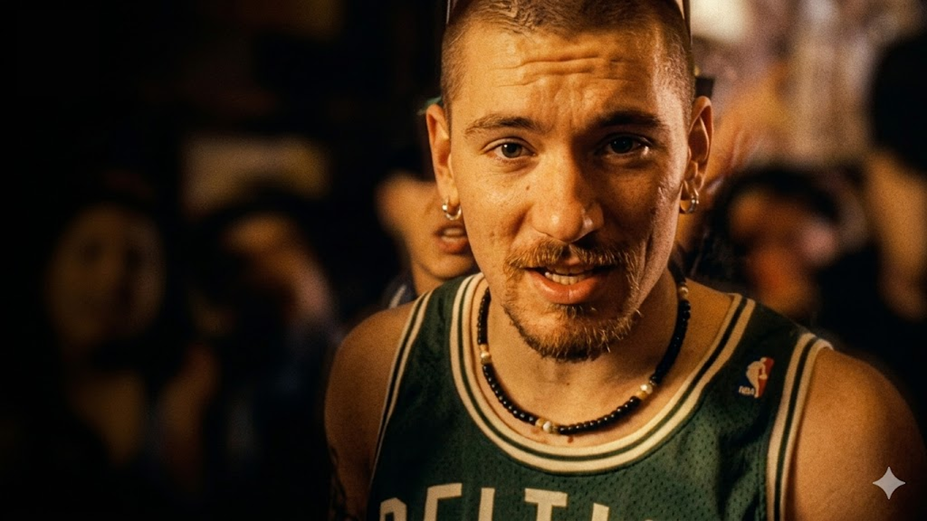 A man with short hair, facial hair, and multiple earrings is wearing a green Celtics basketball jersey and necklace, standing in a crowded indoor setting, looking directly at the camera.