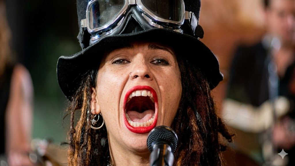 A woman with red lipstick, dreadlocks, and a black hat with goggles sings passionately into a microphone, mouth open wide.