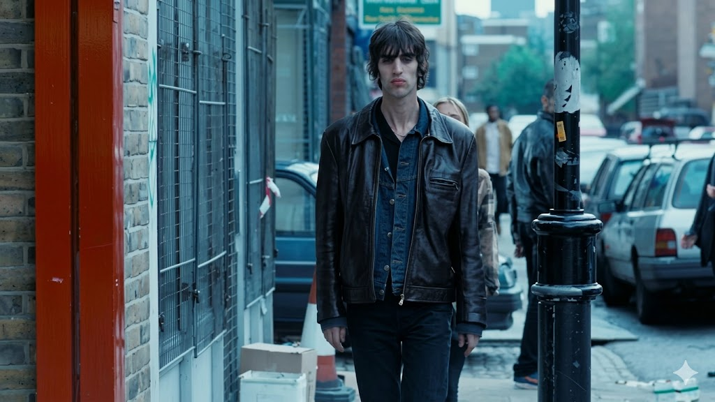 A man wearing a brown leather jacket and denim shirt walks down a city street, with parked cars and brick buildings lining the sidewalk. Another person walks slightly behind him. The scene has a somber, urban atmosphere.