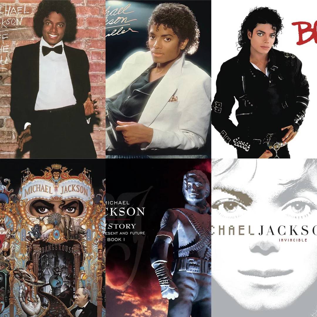 A collage of six Michael Jackson album covers, featuring him in various iconic outfits and poses from different eras of his music career, including "Off the Wall," "Thriller," "Bad," "Dangerous," "HIStory," and "Invincible.