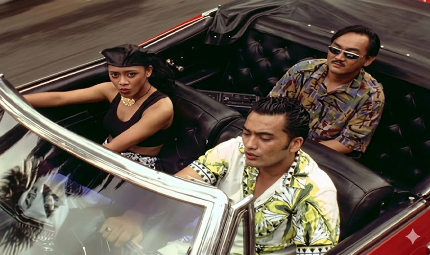 Three people ride in a red convertible with the top down. The man driving and the man in the back wear patterned shirts, while the woman in the front wears a headscarf and gold necklace. All look serious as the car moves.