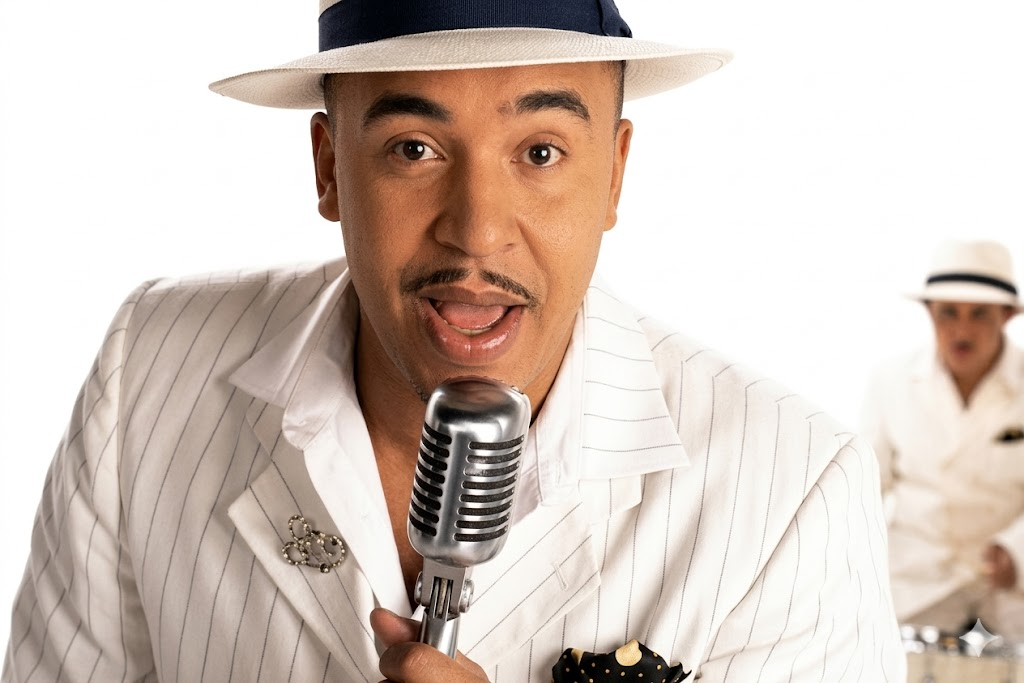 A man in a white pinstripe suit and white hat sings into a vintage microphone. Another person in a similar outfit is blurred in the background. The background is white and brightly lit.
