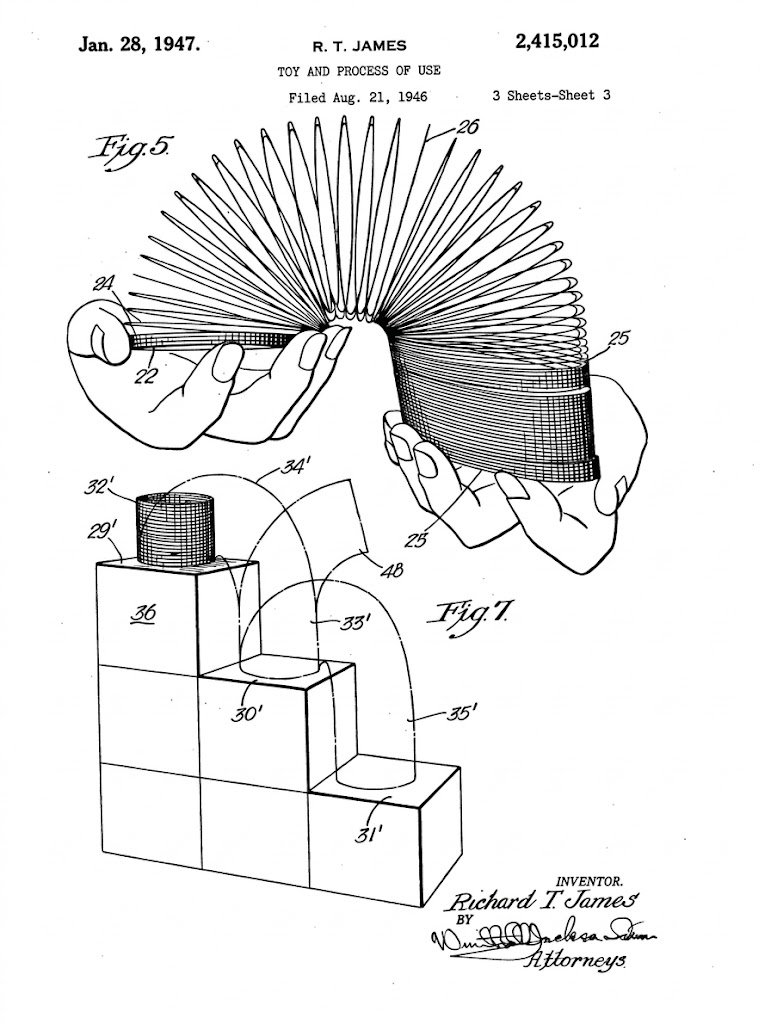 Black and white patent illustration showing hands holding a stretched Slinky toy, with diagrams demonstrating the Slinky moving down a staircase step by step.