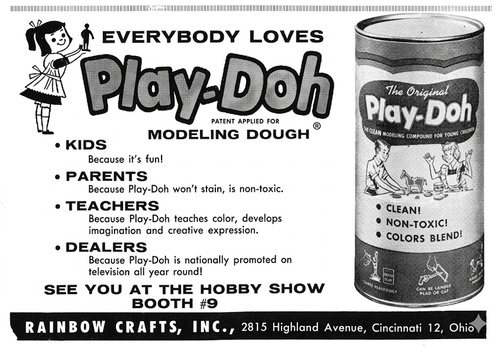 Black and white ad for Play-Doh modeling dough, featuring a can of Play-Doh and cartoon children. Text highlights benefits for kids, parents, teachers, dealers, and includes event and company details.