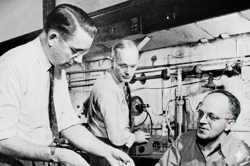 Three men in shirts and ties work together in a laboratory, surrounded by pipes and scientific equipment. One man stands in the foreground handling an object, while the other two observe and stand near machinery in the background.