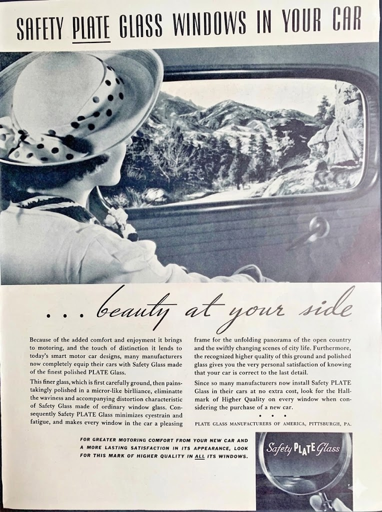 Black-and-white ad shows a woman in a hat looking out a car window at a scenic landscape, with text promoting the safety and clarity of Safety Plate Glass windows for cars.