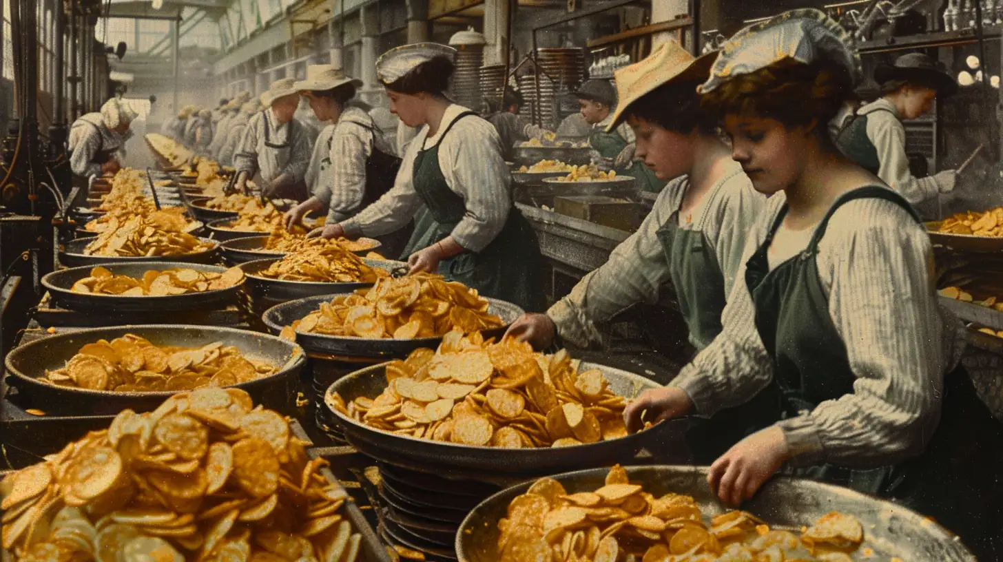 A group of women in vintage clothing work in a factory, sorting and packaging large piles of potato chips at long metal tables lined with bowls filled with chips.
