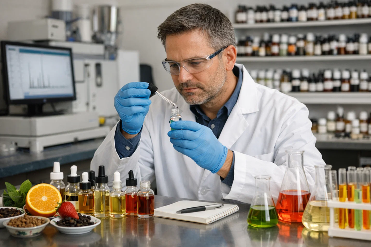 A scientist in a lab coat and blue gloves uses a dropper with a small bottle of liquid. Various bottles, beakers with colorful liquids, fruits, and spices are on the table. Lab equipment and shelves with bottles are in the background.