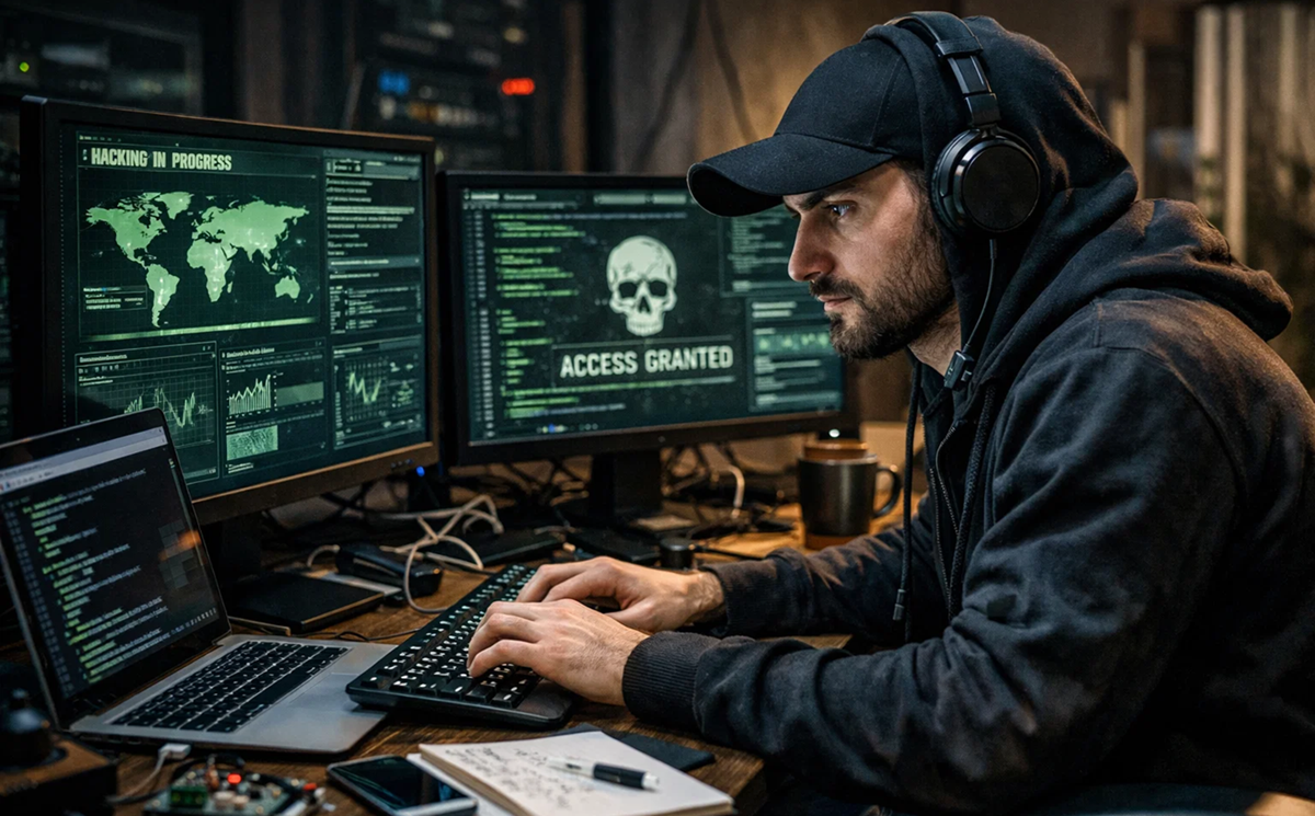 A man in a dark hoodie and headphones sits at a cluttered desk, typing on a keyboard. Multiple monitors display code, a world map, and a screen with a skull and the words "Access Granted.