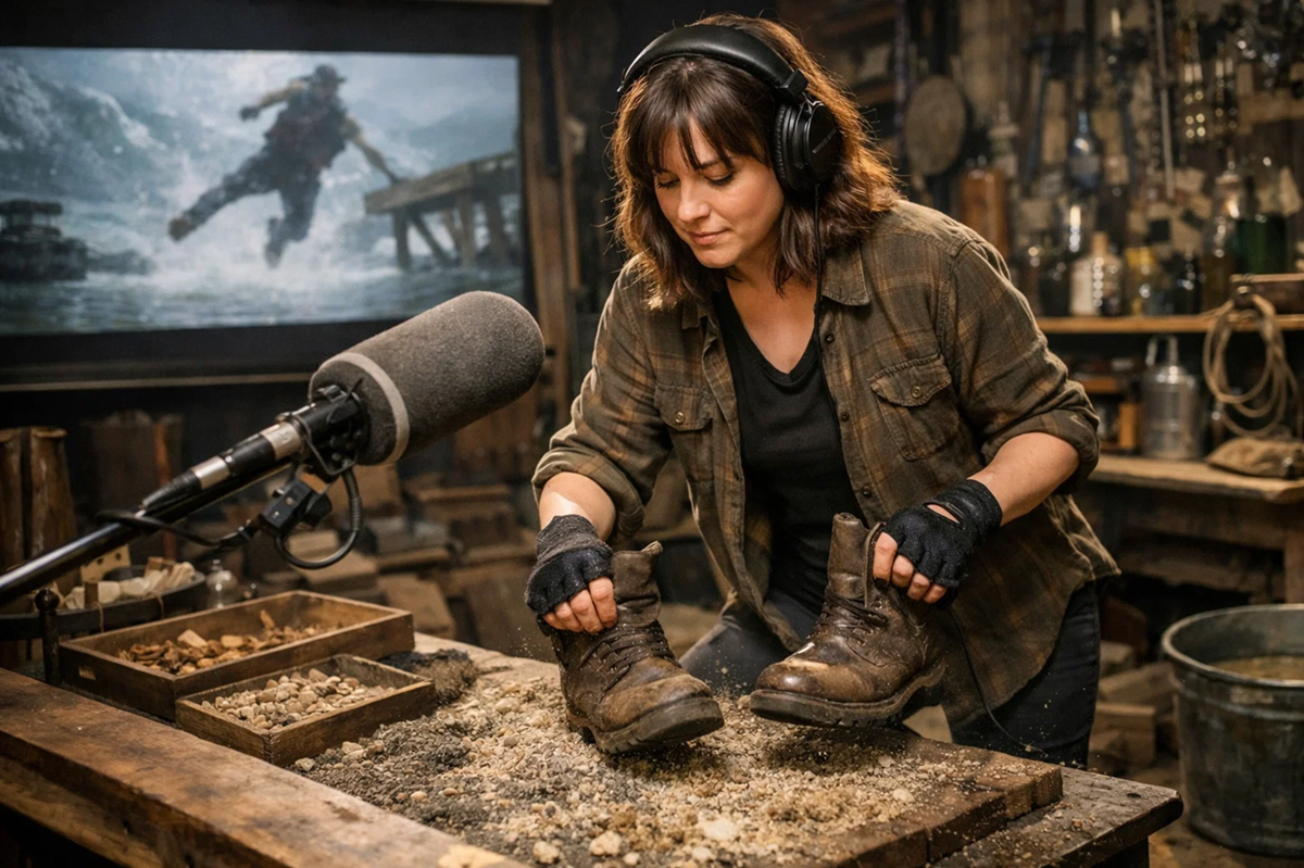 A woman wearing headphones creates sound effects with a pair of boots on a table covered in dirt and rocks, with a microphone nearby and a movie scene playing on a screen in the background.