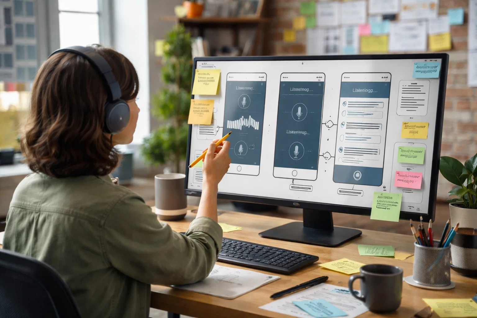 A person wearing headphones works at a desk, pointing at a large monitor displaying mobile app interface designs. The workspace is covered with sticky notes, sketches, and a keyboard, suggesting a creative and organized workflow.