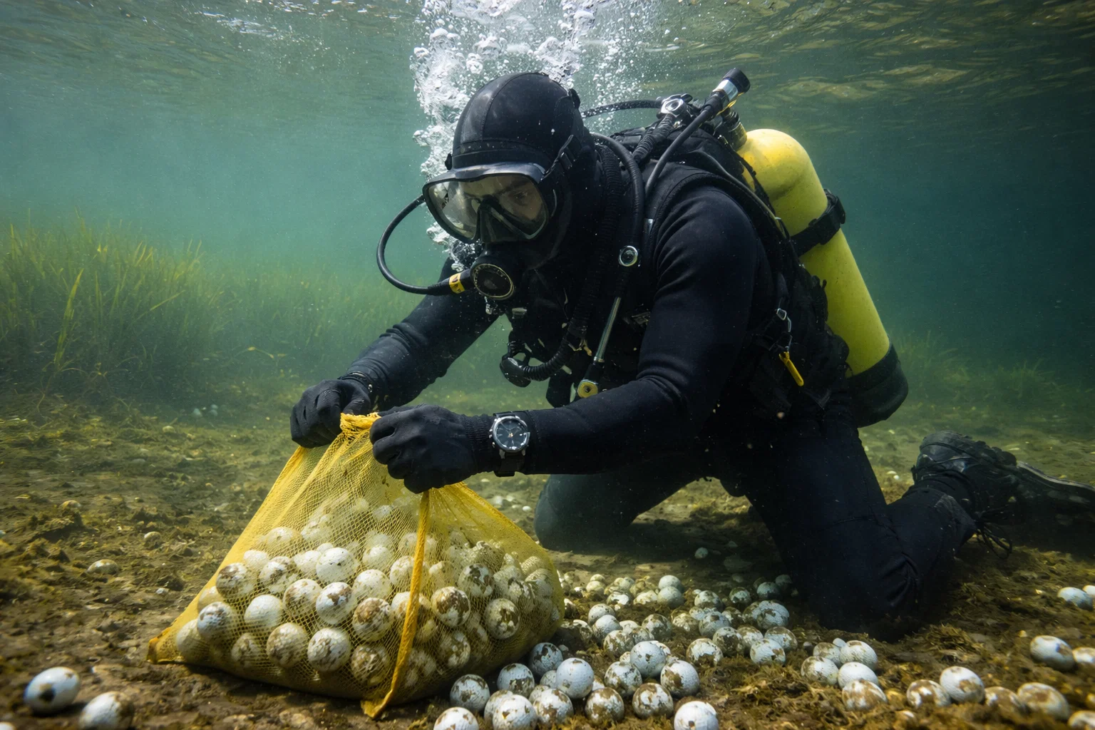 A scuba diver in black gear kneels underwater, collecting golf balls from the lakebed into a yellow mesh bag. The water is clear with some vegetation visible in the background.