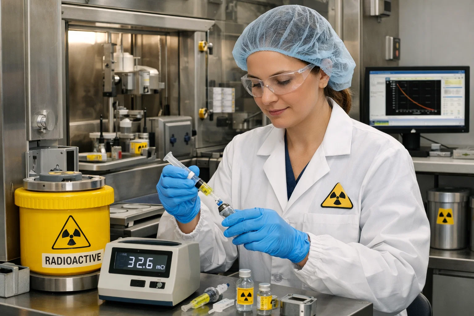 A scientist in protective gear works with radioactive materials in a lab, using a syringe and vials labeled with radiation symbols. Equipment and warning signs are visible, with data displayed on a computer monitor in the background.