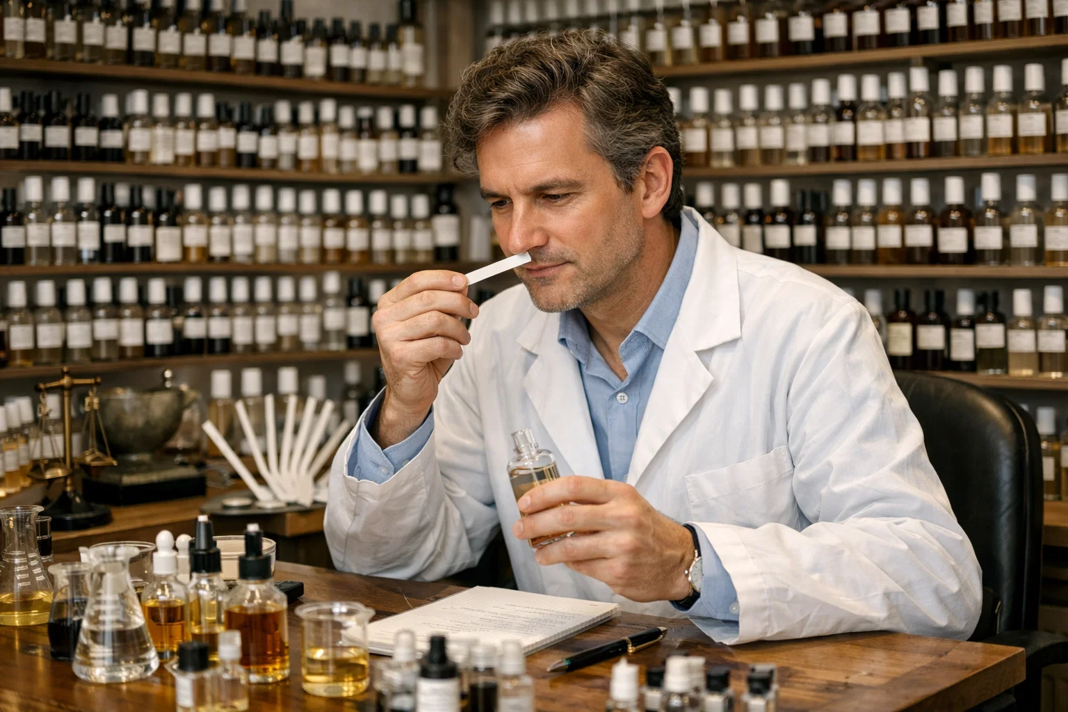 A man in a white lab coat sits at a desk surrounded by bottles, smelling a fragrance test strip while holding a perfume bottle in his other hand, with shelves of bottles in the background.