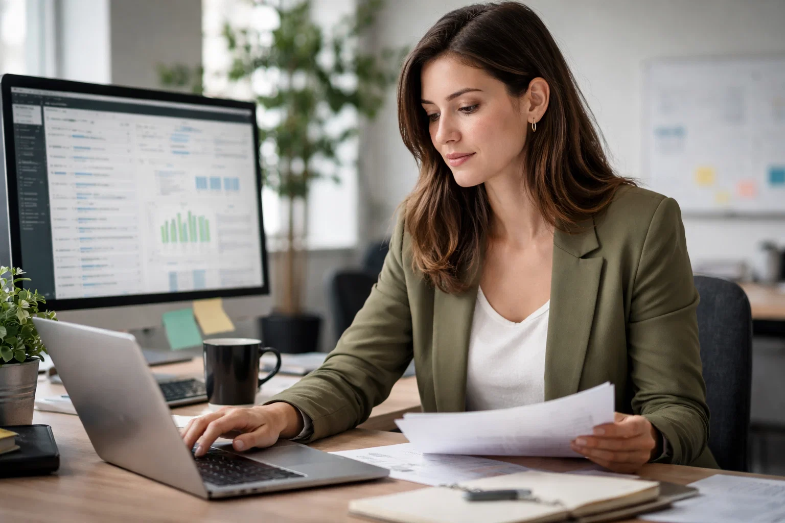 A woman in a green blazer works at a desk with a laptop and documents. She looks focused, with graphs displayed on a large monitor and office supplies nearby in a modern office setting.