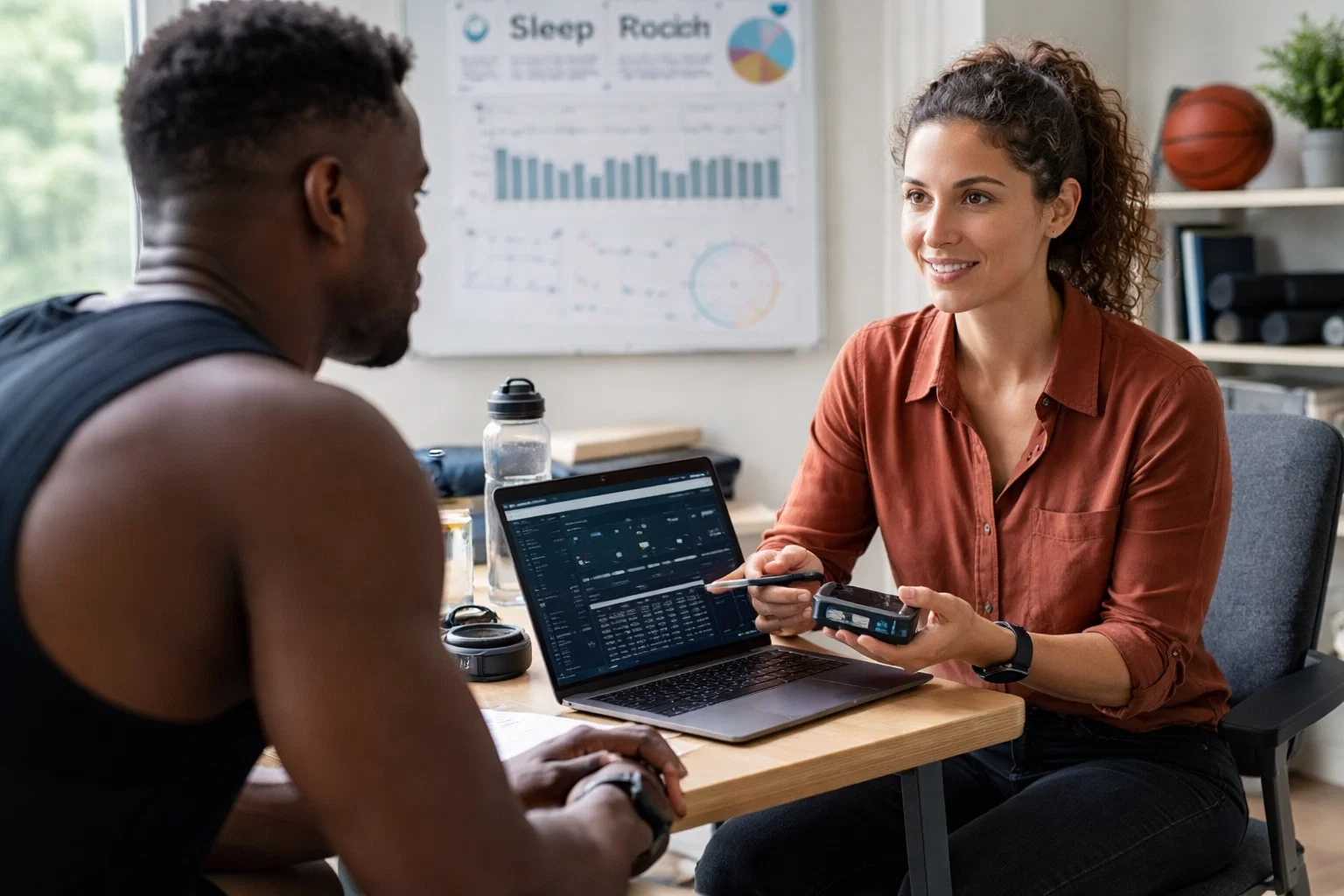 A woman holding a glucose meter discusses health data with a man in athletic wear. They sit at a table with a laptop displaying charts and graphs. A sleep and health poster is on the wall behind them.