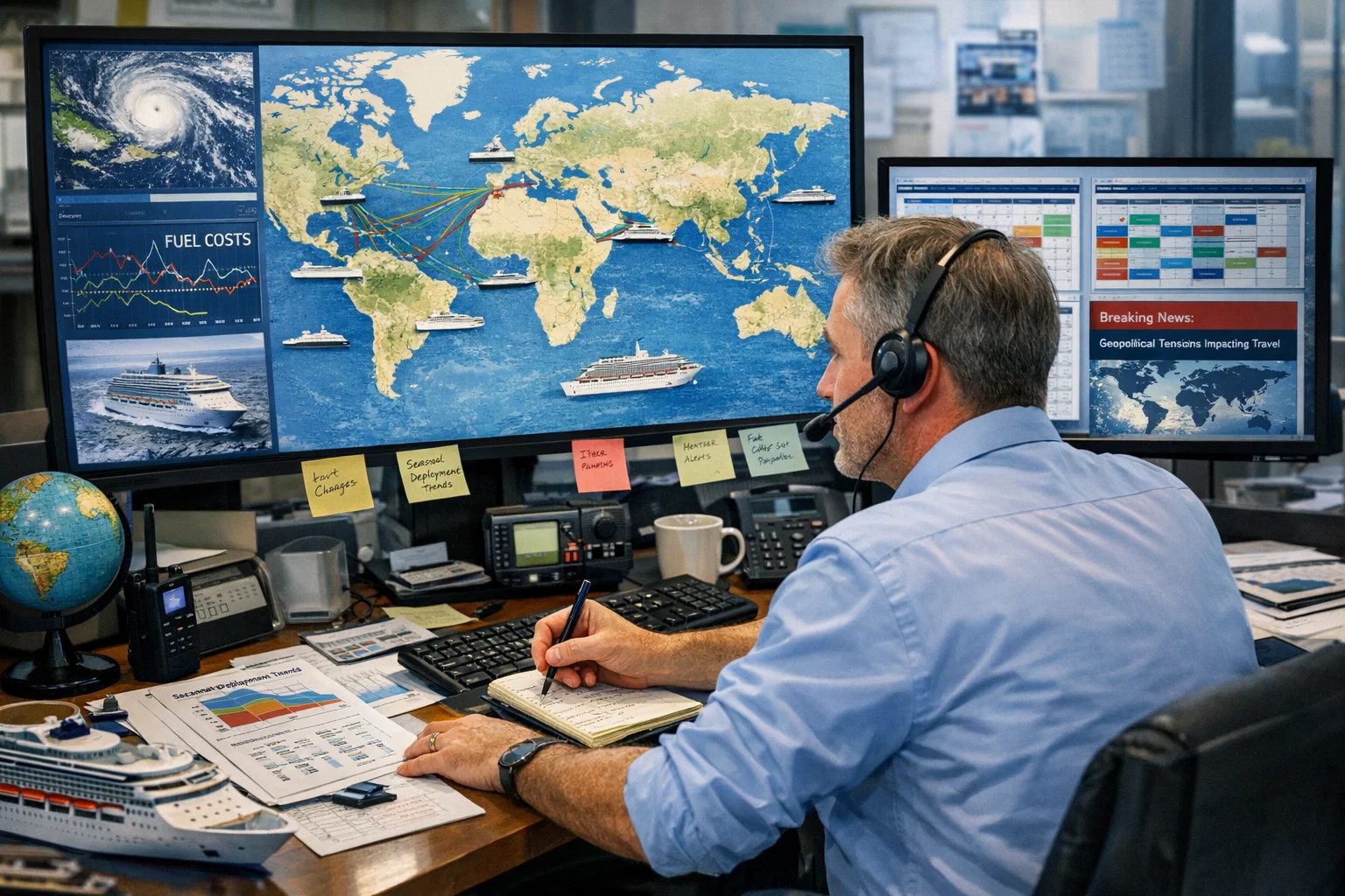 Man wearing a headset monitors cruise ship routes on multiple screens showing a world map, data charts, news alerts, and a hurricane alert; he takes notes at a cluttered desk with papers, a globe, and a model ship.