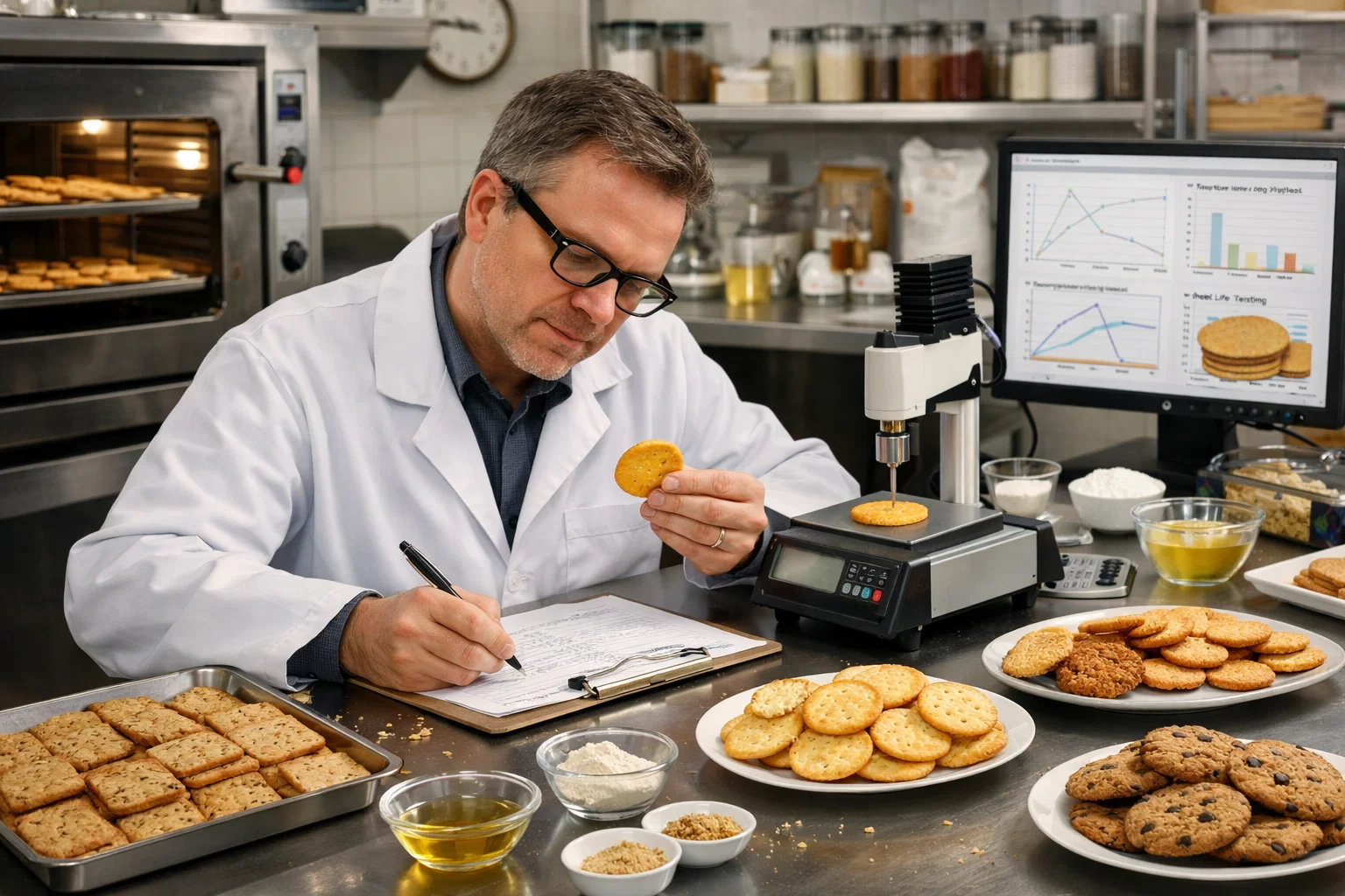 A scientist in a lab coat examines a cookie with instruments on a lab table covered in cookies, ingredients, and charts; computer screens behind him display graphs and data on cookie quality.