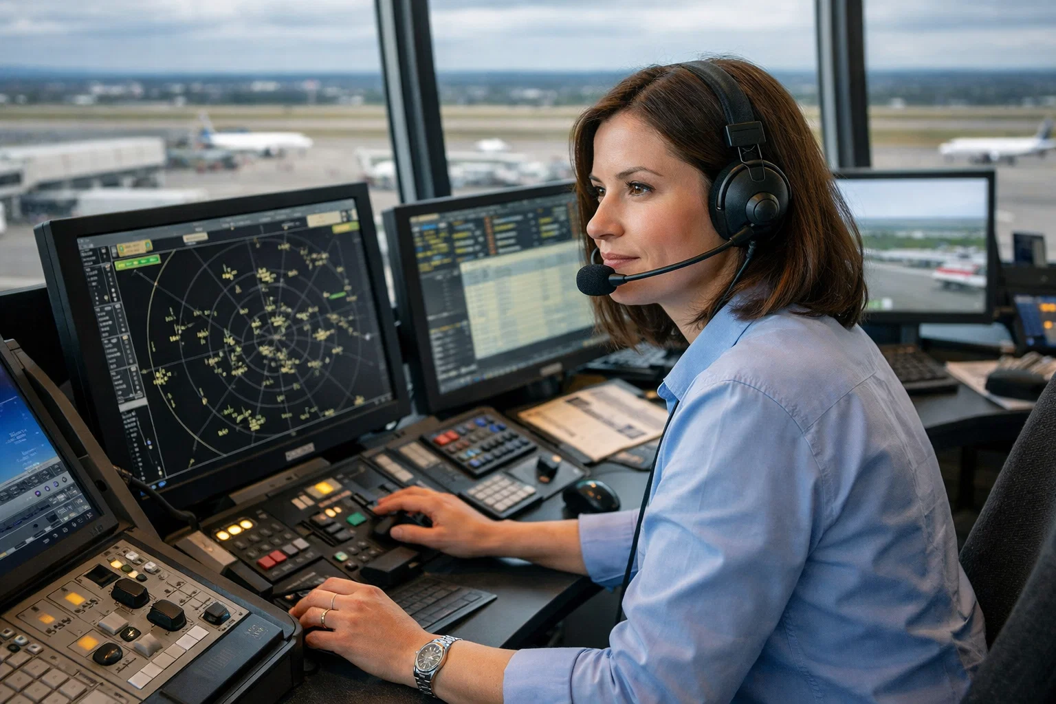 A woman wearing a headset sits at an air traffic control station, monitoring radar screens and airport information, with airplanes visible through large windows in the background.