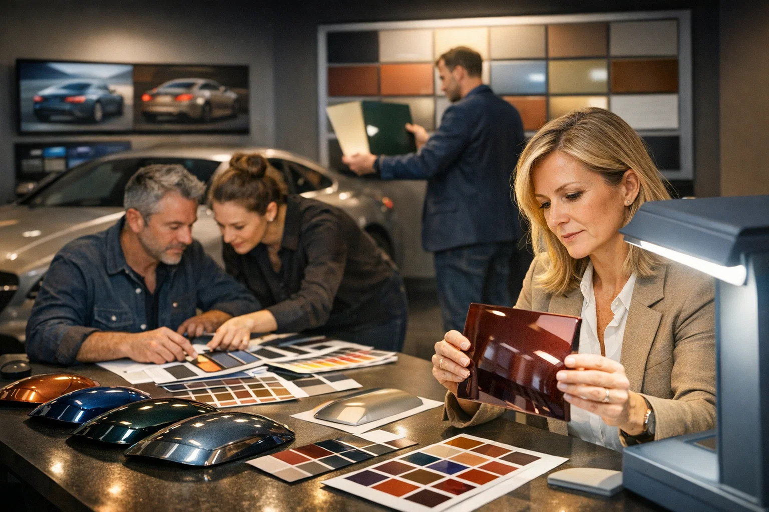 Four people are in a showroom selecting car colors and materials. A woman examines a glossy red sample, while others review color swatches and car paint models on a table. Car images and paint samples are displayed on the wall.