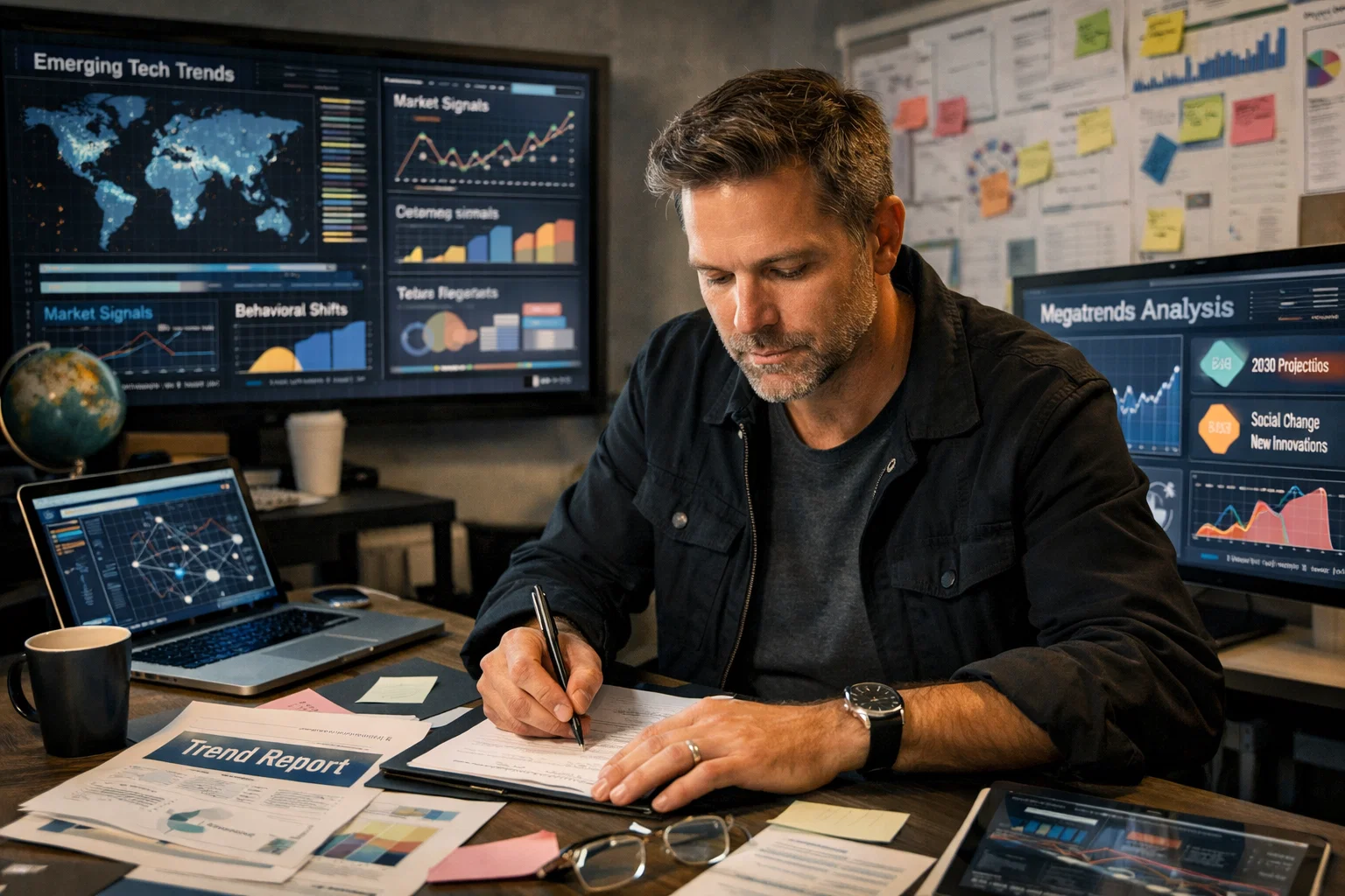 A man sits at a desk filled with papers, a laptop, and coffee, writing notes. Behind him are large monitors displaying graphs, charts, and analytics about market trends and megatrends.