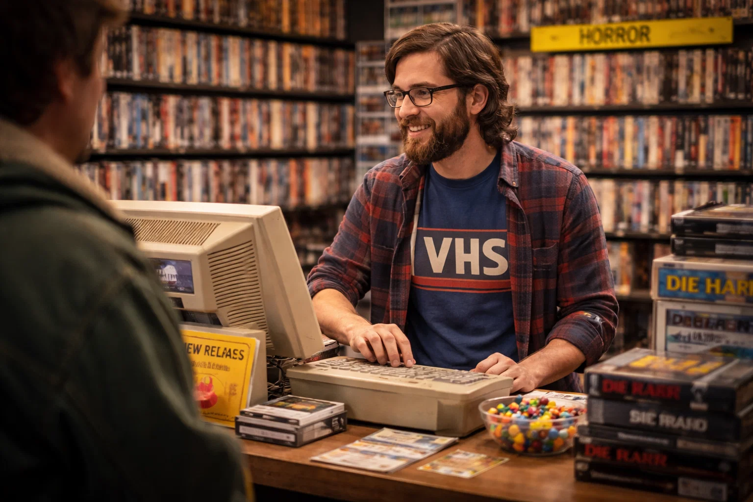 A smiling man in a VHS shirt stands behind a counter in a video rental store, surrounded by VHS tapes, DVDs, and a vintage computer. Shelves full of movies fill the background.