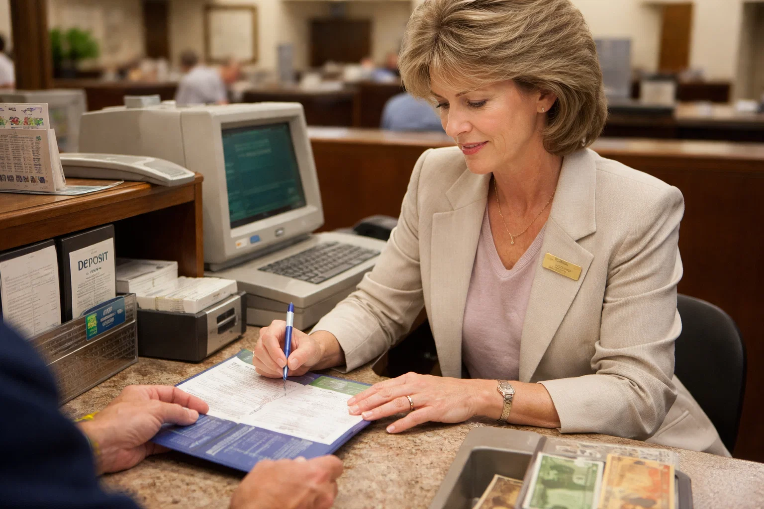 A bank employee in a beige blazer assists a customer by filling out a form at a counter. There are various papers, cash, and office equipment visible on the desk.