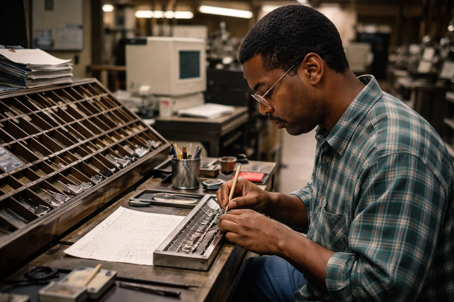 A man in glasses and a plaid shirt works at a desk organizing metal typesetting pieces. He is focused on his task, with tools, papers, and various items neatly arranged around him in a print shop setting.