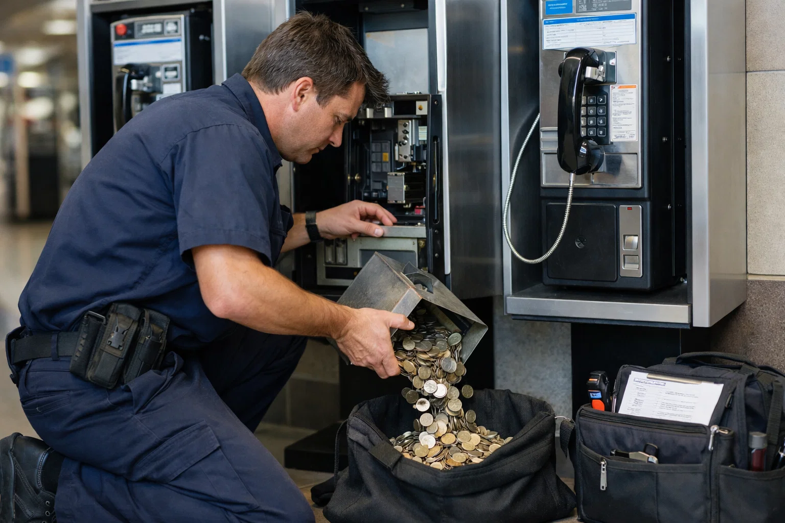A man in uniform kneels and empties a container of coins from a payphone into a black bag. The payphone's metal panel is open, exposing its inner mechanism. A tool bag lies on the floor nearby.