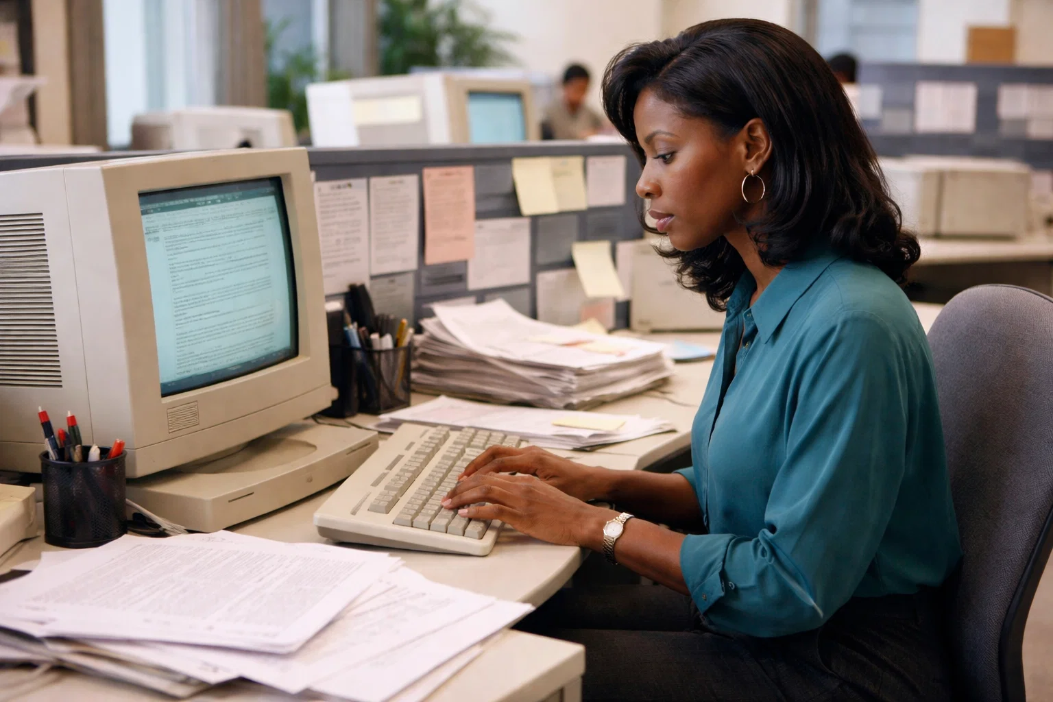 A woman in a teal blouse types on a vintage desktop computer in an office with stacks of paperwork and documents around her. Cubicles and another worker are visible in the background.