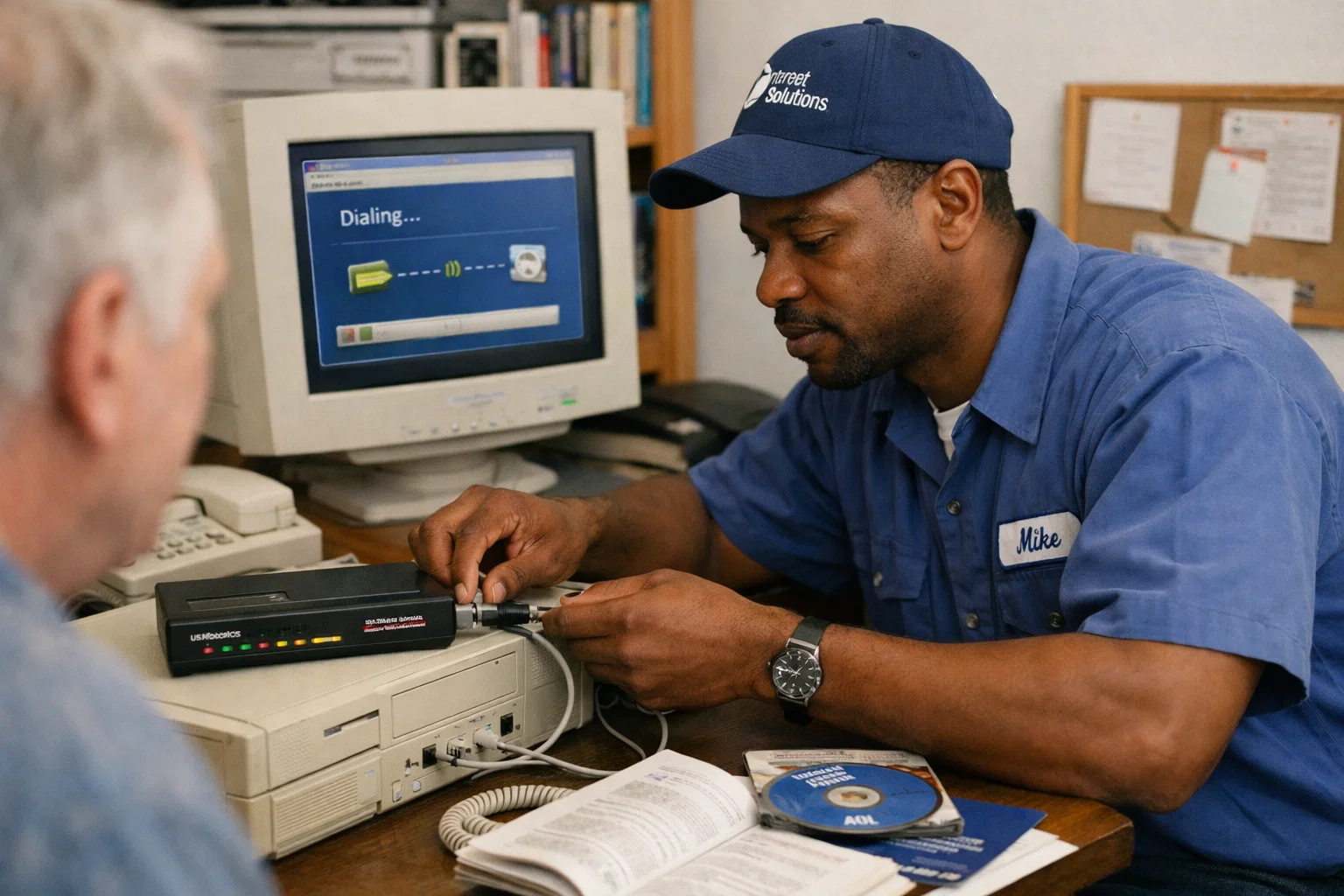 A technician in a blue uniform connects a modem to an old desktop computer while a customer watches. The computer screen displays a "dialing" message, and technical manuals and disks are on the desk.