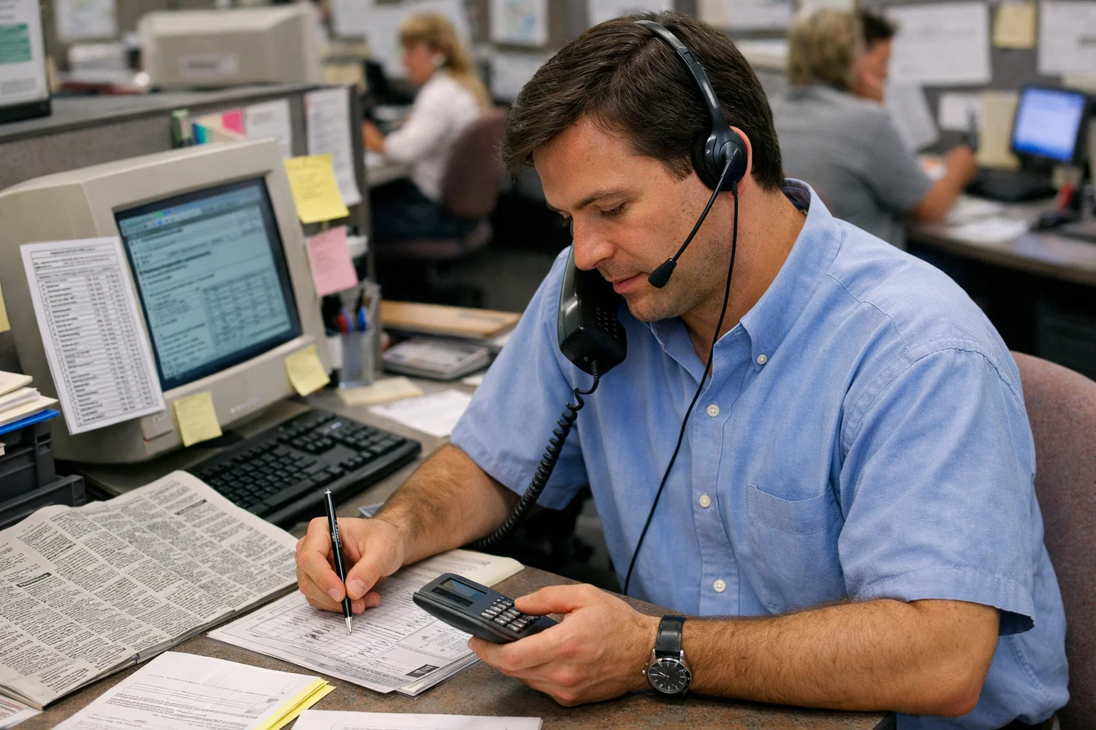 A man in an office cubicle wears a headset and talks on the phone while writing on a form, holding a calculator. His desk has paperwork, a computer, and sticky notes. Other workers are visible in the background.